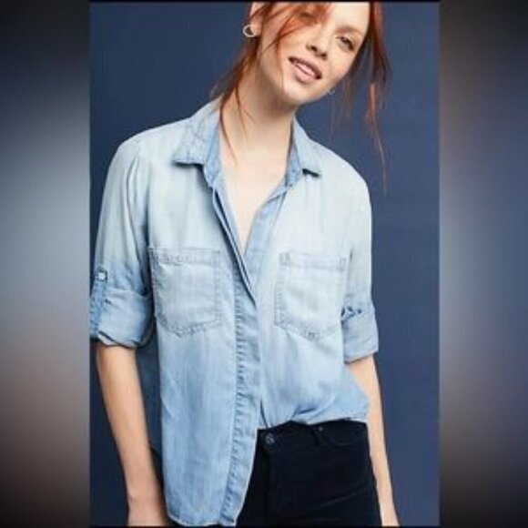Anthropologie Light Blue Chambray Split Back Long Sleeve Button Down XS - Picture 1 of 4